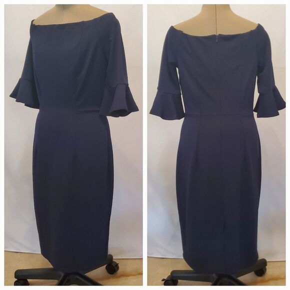 NWT ABS Collection Womens Sheath Dress Size10 Navy Blue Bell Sleeve Off Shoulder - Picture 1 of 14
